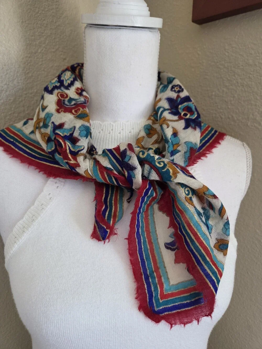 vintage wool square scarf persian floral paisley fringed raw hem red teal